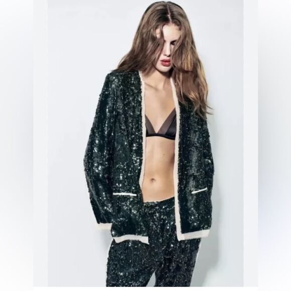 Zara Woman Collection Sequin Contrast Blazer and Pant Set NWOT/NWT - Picture 3 of 12